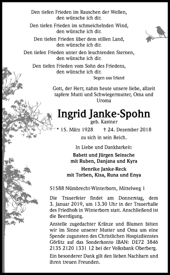 Anzeige von Ingrid Janke-Spohn von Kölner Stadt-Anzeiger / Kölnische Rundschau / Express