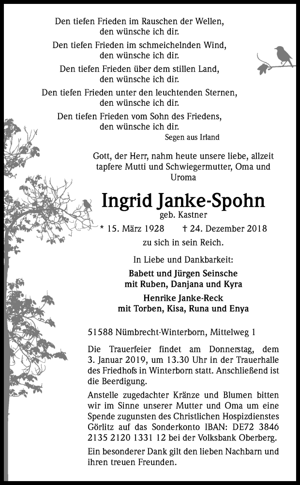 Traueranzeige für Ingrid Janke-Spohn vom 29.12.2018 aus Kölner Stadt-Anzeiger / Kölnische Rundschau / Express