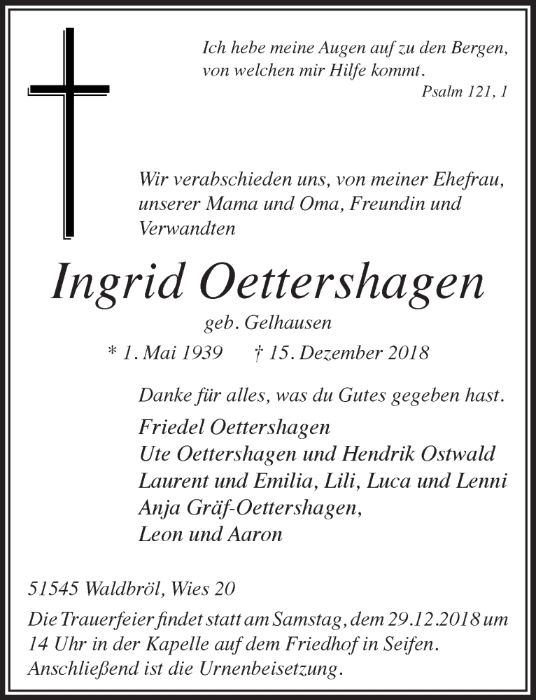  Traueranzeige für Ingrid Oettershagen vom 19.12.2018 aus  Lokalanzeiger 