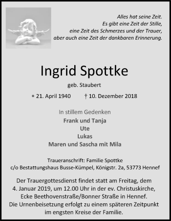 Anzeige von Ingrid Spottke von Kölner Stadt-Anzeiger / Kölnische Rundschau / Express