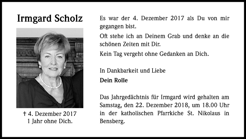  Traueranzeige für Irmgard Scholz vom 15.12.2018 aus Kölner Stadt-Anzeiger / Kölnische Rundschau / Express