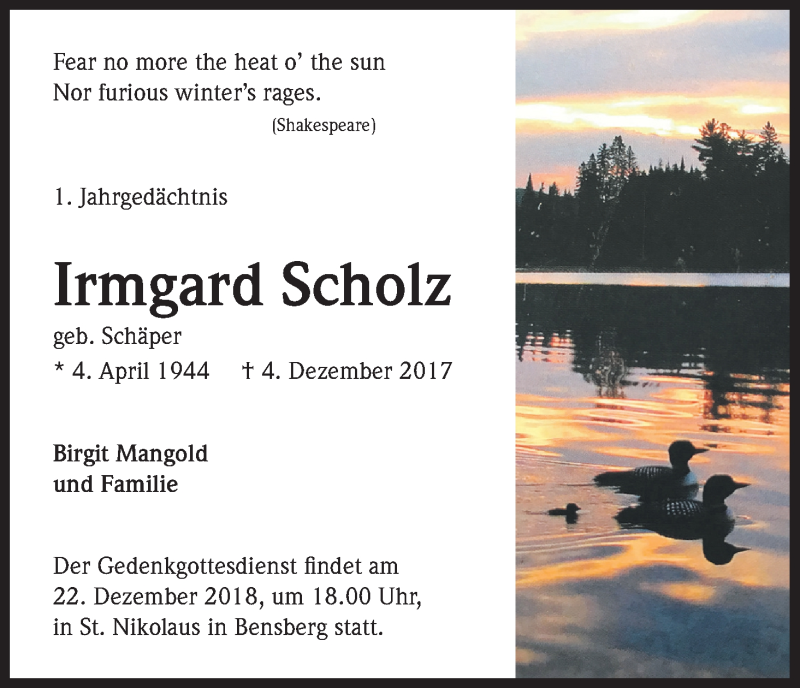  Traueranzeige für Irmgard Scholz vom 05.12.2018 aus Kölner Stadt-Anzeiger / Kölnische Rundschau / Express