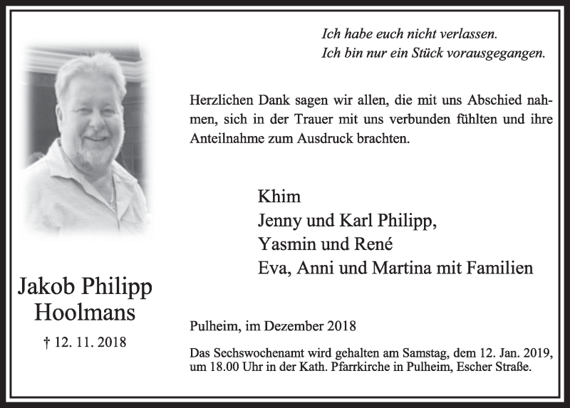  Traueranzeige für Jakob Philipp Hoolmans vom 29.12.2018 aus  Sonntags-Post 