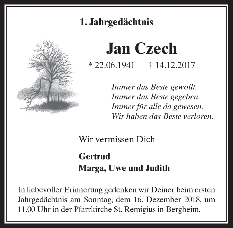  Traueranzeige für Jan Czech vom 12.12.2018 aus  Werbepost 