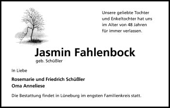 Anzeige von Jasmin Fahlenbock von Kölner Stadt-Anzeiger / Kölnische Rundschau / Express