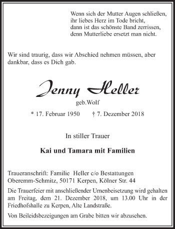 Anzeige von Jenny Heller von  Sonntags-Post 