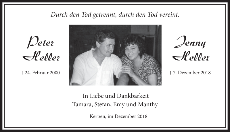  Traueranzeige für Jenny Heller vom 15.12.2018 aus  Sonntags-Post 