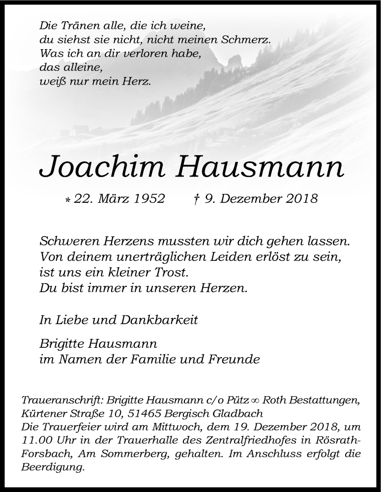  Traueranzeige für Joachim Hausmann vom 15.12.2018 aus Kölner Stadt-Anzeiger / Kölnische Rundschau / Express