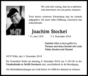 Anzeige von Joachim Stockel von Kölner Stadt-Anzeiger / Kölnische Rundschau / Express