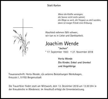 Anzeige von Joachim Wende von Kölner Stadt-Anzeiger / Kölnische Rundschau / Express