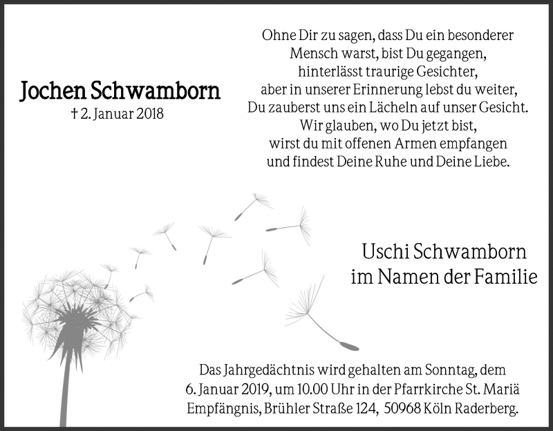  Traueranzeige für Jochen Schwamborn vom 15.12.2018 aus Kölner Stadt-Anzeiger / Kölnische Rundschau / Express