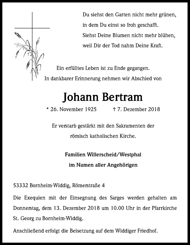  Traueranzeige für Johann Bertram vom 11.12.2018 aus Kölner Stadt-Anzeiger / Kölnische Rundschau / Express