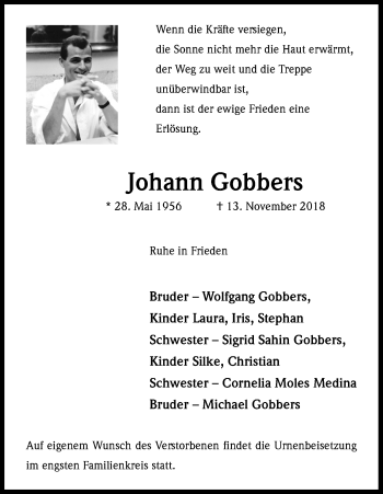 Anzeige von Johann Gobbers von Kölner Stadt-Anzeiger / Kölnische Rundschau / Express