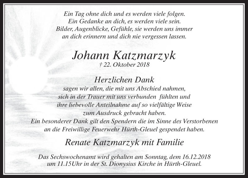  Traueranzeige für Johann Katzmarzyk vom 12.12.2018 aus  Wochenende 