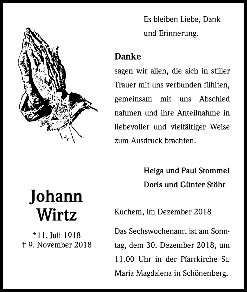  Traueranzeige für Johann Wirtz vom 15.12.2018 aus Kölner Stadt-Anzeiger / Kölnische Rundschau / Express