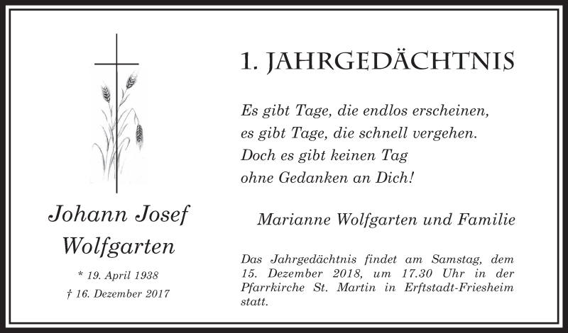  Traueranzeige für Johann Josef Wolfgarten vom 12.12.2018 aus  Werbepost 