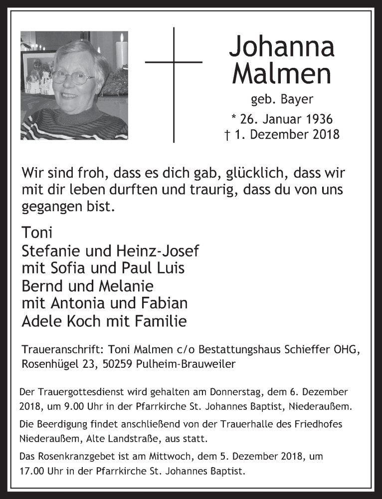  Traueranzeige für Johanna Johanna vom 05.12.2018 aus  Werbepost 