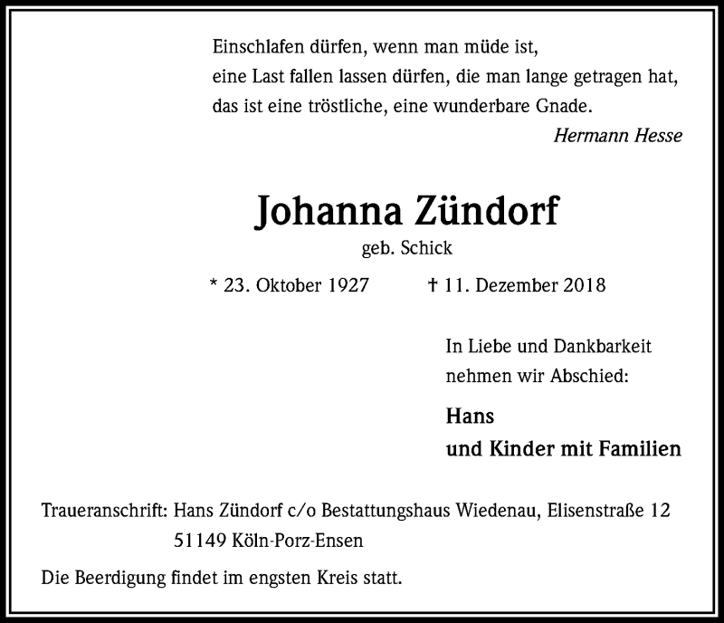  Traueranzeige für Johanna Zündorf vom 13.12.2018 aus Kölner Stadt-Anzeiger / Kölnische Rundschau / Express