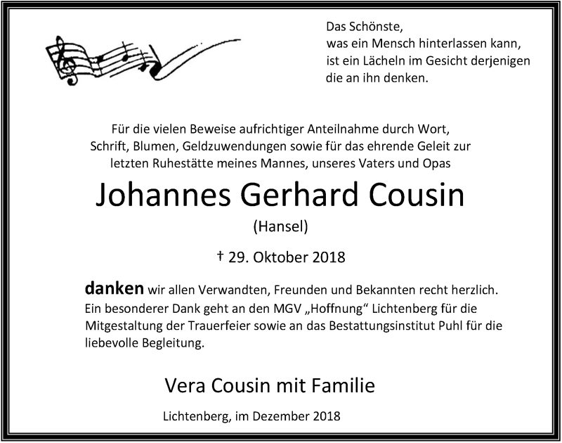  Traueranzeige für Johannes Gerhard Cousin vom 12.12.2018 aus  Lokalanzeiger 