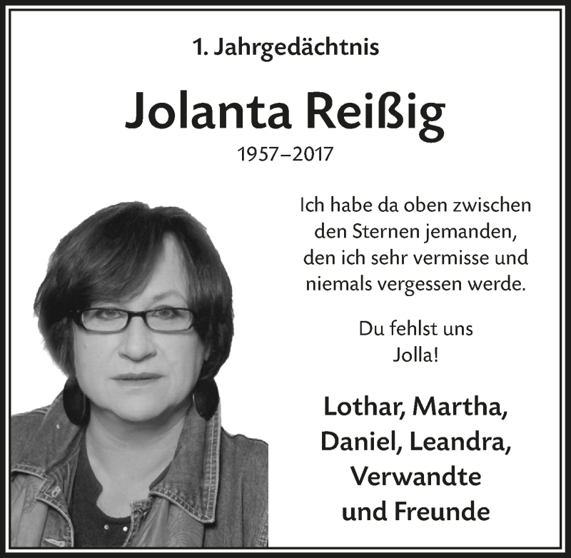  Traueranzeige für Jolanta Reißig vom 22.12.2018 aus  Leverkusener Wochenende 