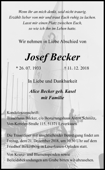 Anzeige von Josef Becker von Kölner Stadt-Anzeiger / Kölnische Rundschau / Express