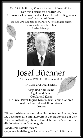 Anzeige von Josef Büchner von Kölner Stadt-Anzeiger / Kölnische Rundschau / Express