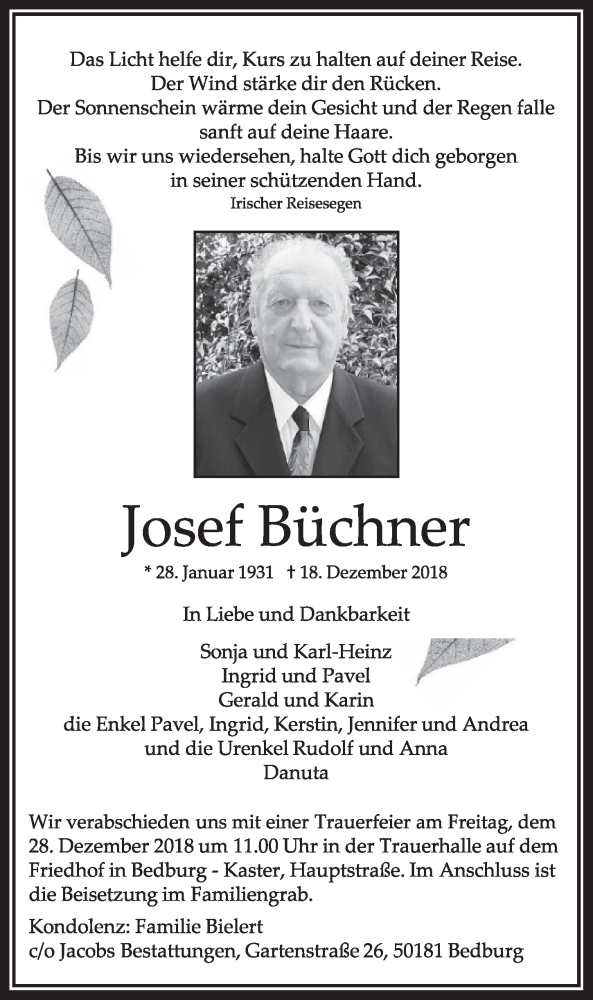  Traueranzeige für Josef Büchner vom 22.12.2018 aus  Sonntags-Post 