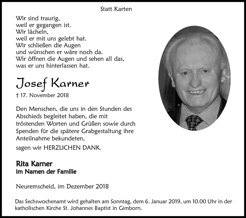  Traueranzeige für Josef Karner vom 22.12.2018 aus Kölner Stadt-Anzeiger / Kölnische Rundschau / Express