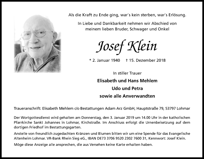  Traueranzeige für Josef Klein vom 29.12.2018 aus Kölner Stadt-Anzeiger / Kölnische Rundschau / Express