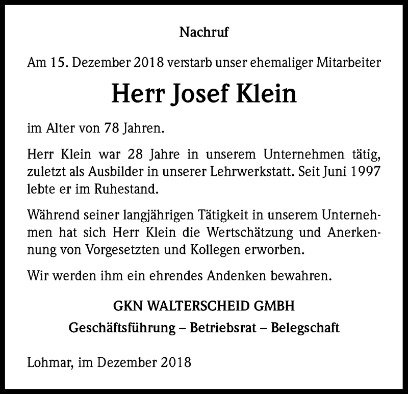  Traueranzeige für Josef Klein vom 22.12.2018 aus Kölner Stadt-Anzeiger / Kölnische Rundschau / Express