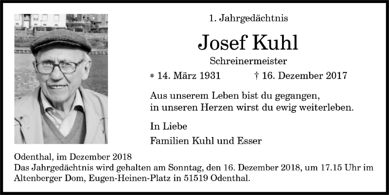  Traueranzeige für Josef Kuhl vom 12.12.2018 aus  Bergisches Handelsblatt 
