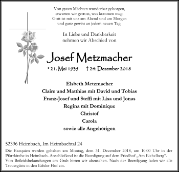 Anzeige von Josef Metzmacher von Kölner Stadt-Anzeiger / Kölnische Rundschau / Express