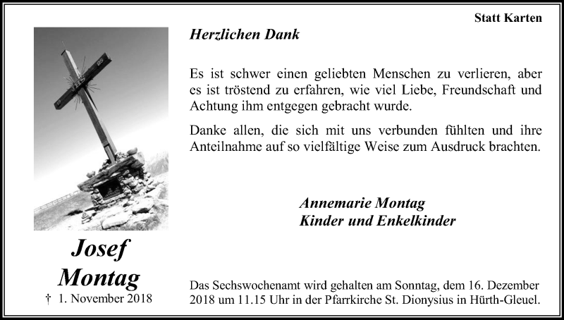  Traueranzeige für Josef Montag vom 15.12.2018 aus Kölner Stadt-Anzeiger / Kölnische Rundschau / Express