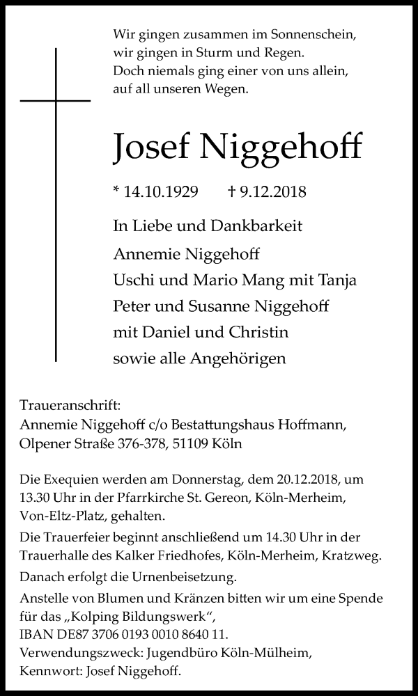  Traueranzeige für Josef Niggehoff vom 15.12.2018 aus Kölner Stadt-Anzeiger / Kölnische Rundschau / Express
