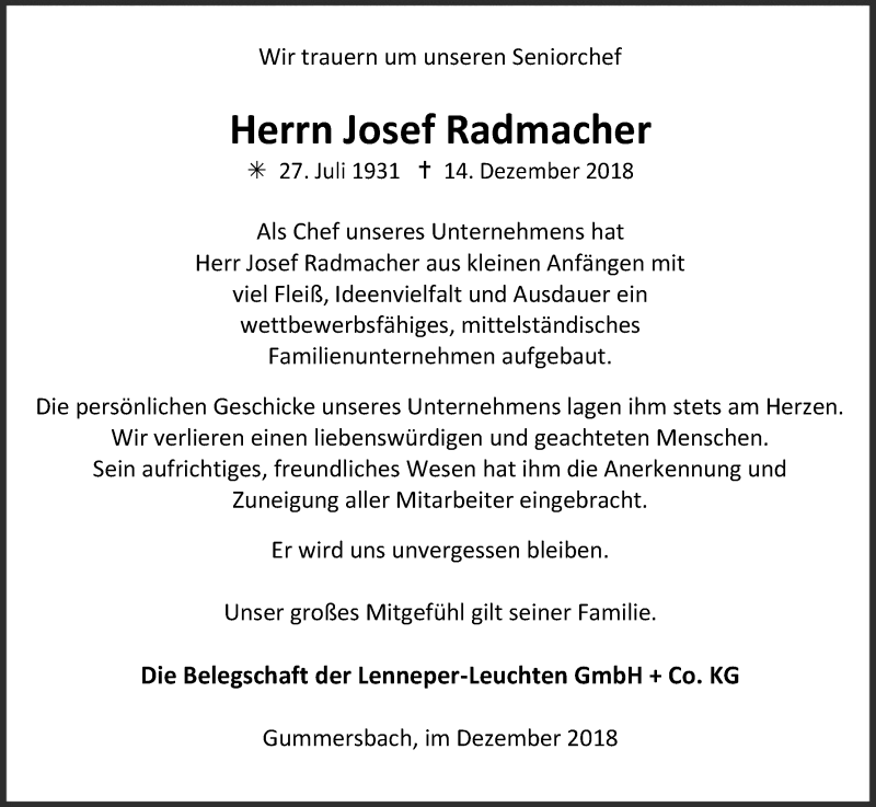  Traueranzeige für Josef Radmacher vom 19.12.2018 aus Kölner Stadt-Anzeiger / Kölnische Rundschau / Express