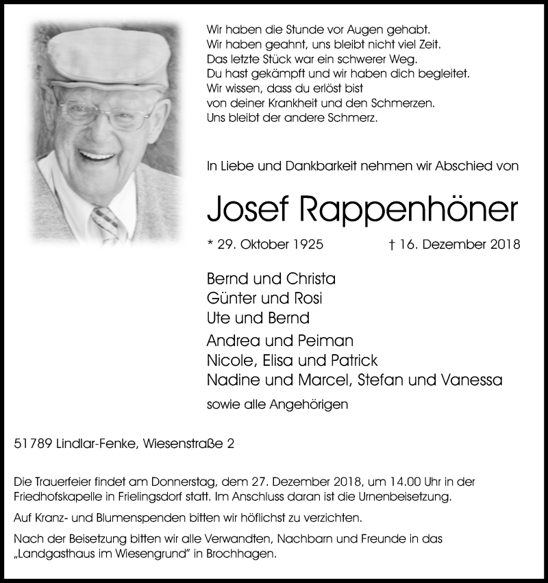 Traueranzeige für Josef Rappenhöner vom 22.12.2018 aus Kölner Stadt-Anzeiger / Kölnische Rundschau / Express