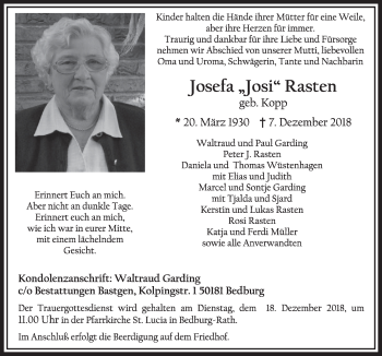Anzeige von Josef Rasten von  Sonntags-Post 