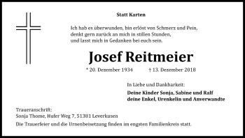Anzeige von Josef Reitmeier von Kölner Stadt-Anzeiger / Kölnische Rundschau / Express
