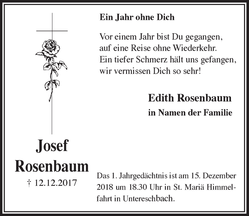  Traueranzeige für Josef Rosenbaum vom 12.12.2018 aus  Bergisches Handelsblatt 