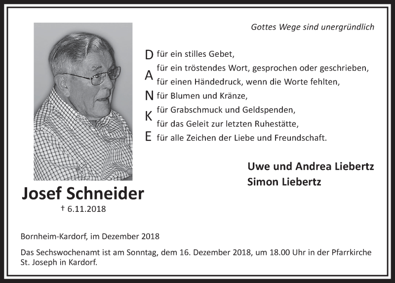  Traueranzeige für Josef Schneider vom 12.12.2018 aus  Schlossbote/Werbekurier 