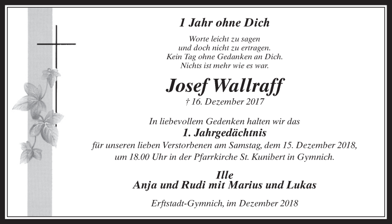  Traueranzeige für Josef Wallraff vom 12.12.2018 aus  Werbepost 