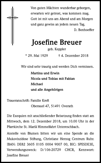 Anzeige von Josefine Breuer von Kölner Stadt-Anzeiger / Kölnische Rundschau / Express