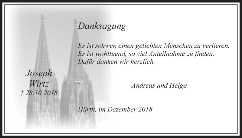  Traueranzeige für Joseph Wirtz vom 12.12.2018 aus  Wochenende 