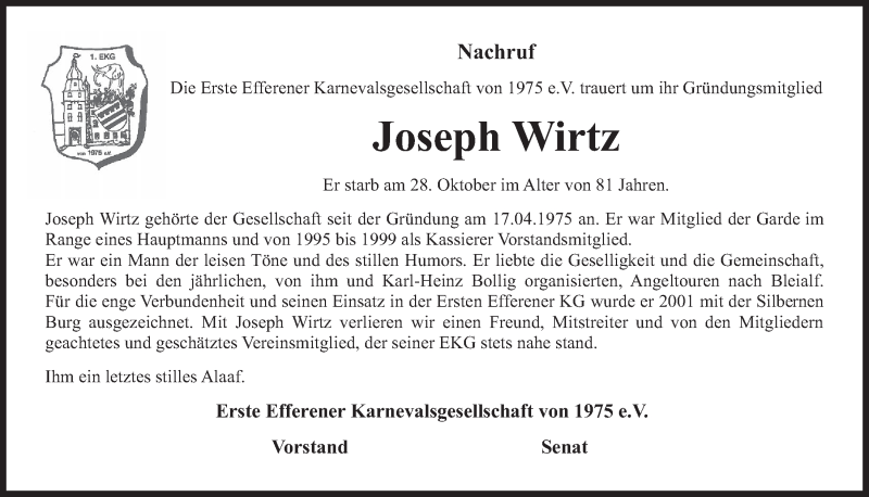  Traueranzeige für Joseph Wirtz vom 05.12.2018 aus  Wochenende 
