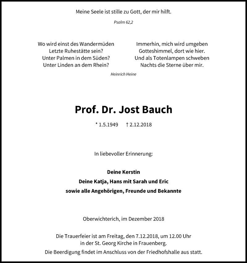  Traueranzeige für Jost Bauch vom 06.12.2018 aus Kölner Stadt-Anzeiger / Kölnische Rundschau / Express