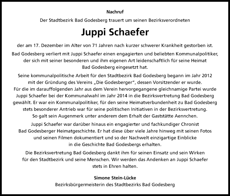  Traueranzeige für Juppi Schaefer vom 22.12.2018 aus Kölner Stadt-Anzeiger / Kölnische Rundschau / Express