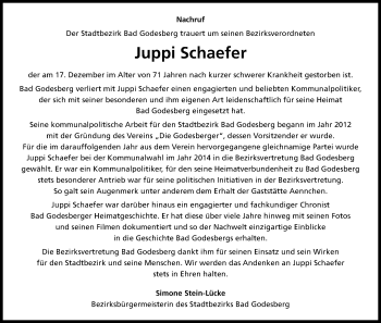 Anzeige von Juppi Schaefer von Kölner Stadt-Anzeiger / Kölnische Rundschau / Express