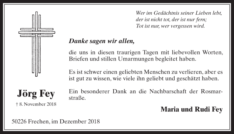  Traueranzeige für Jörg Fey vom 19.12.2018 aus  Wochenende 