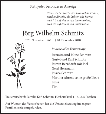 Anzeige von Jörg Wilhelm Schmitz von  Sonntags-Post 