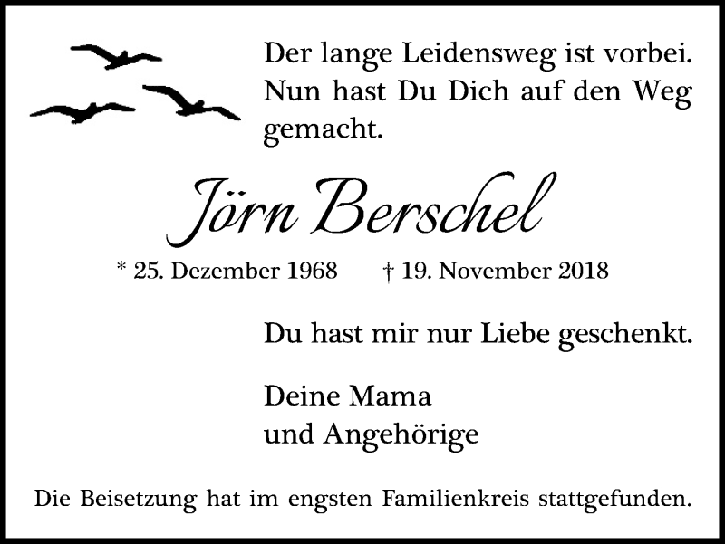  Traueranzeige für Jörn Berschel vom 08.12.2018 aus Kölner Stadt-Anzeiger / Kölnische Rundschau / Express
